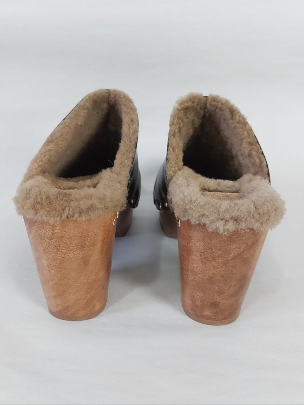 Beek Studs Chunky Cozy High Heel Woodpecker Shearling Clogs Size 7 Black Leather - Picture 8 of 11